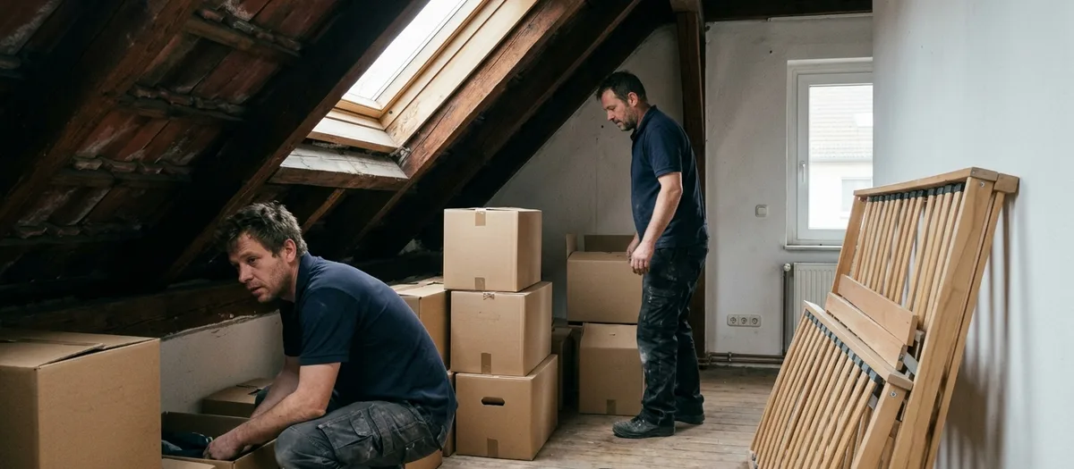 Dachgeschossraum unter der Schräge mit freiliegenden Balken, Dachfenster und gestapelten Kartons, zwei Träger dabei