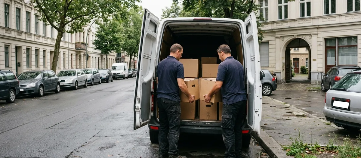 Zwei Träger laden Kartons in einen kleinen Transporter mit geöffneten Hecktüren an einer nassen Berliner Straße