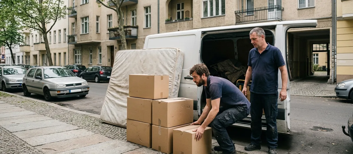 Matratze und gestapelte Kartons auf dem Gehweg neben der offenen Schiebetür eines Transporters
