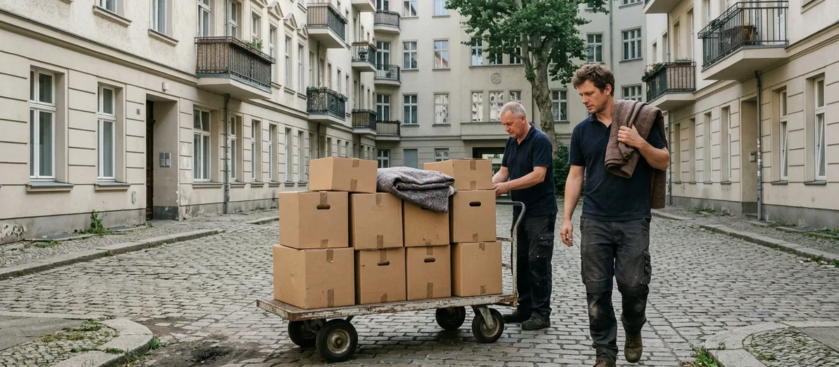 Rollwagen voller Kartons auf Berliner Kopfsteinpflaster, zwei Träger mit Möbeldecken daneben