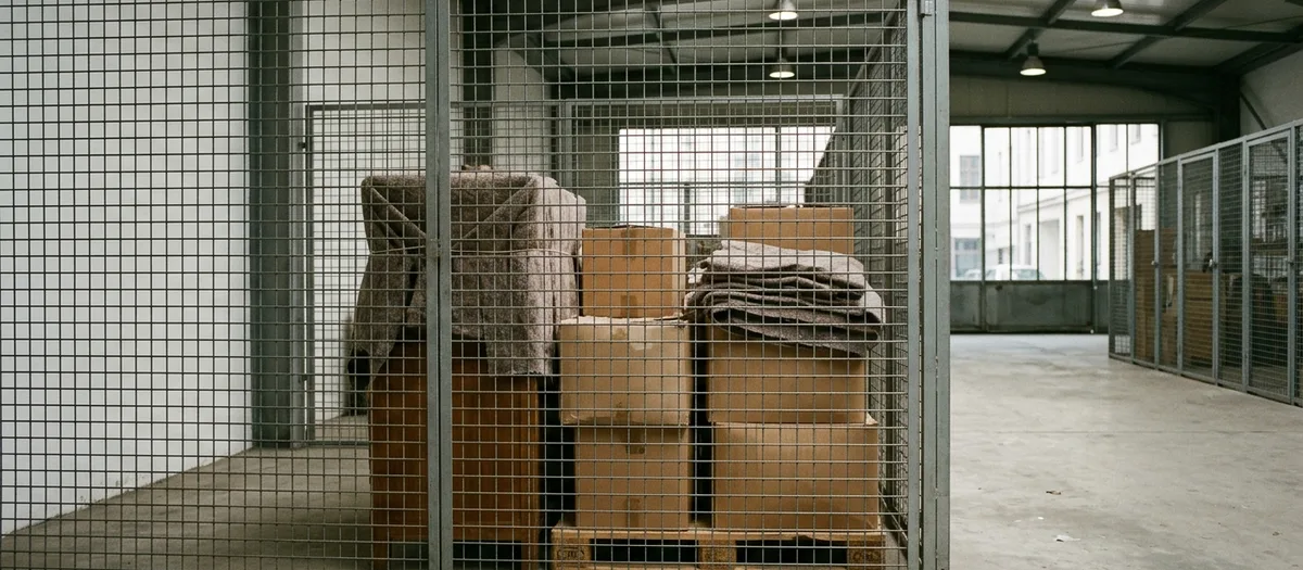 Lagerbox hinter einer Gittertrennwand mit Palette, in Decken gehüllten Möbeln und gestapelten Kartons