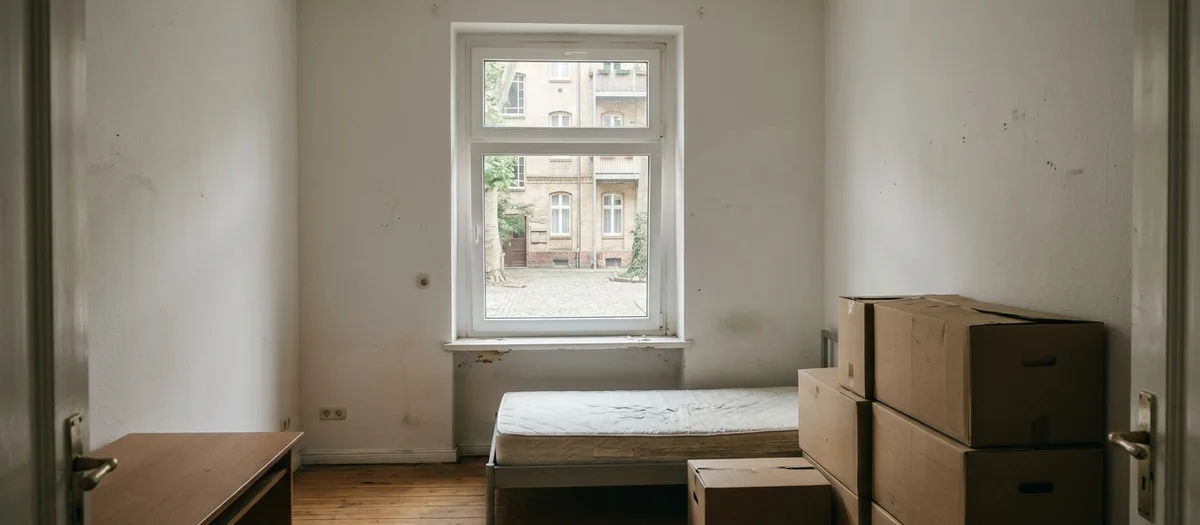 Einzelzimmer einer Wohngemeinschaft beim Auszug mit abgezogenem Bett, Schreibtisch und gestapelten Kartons
