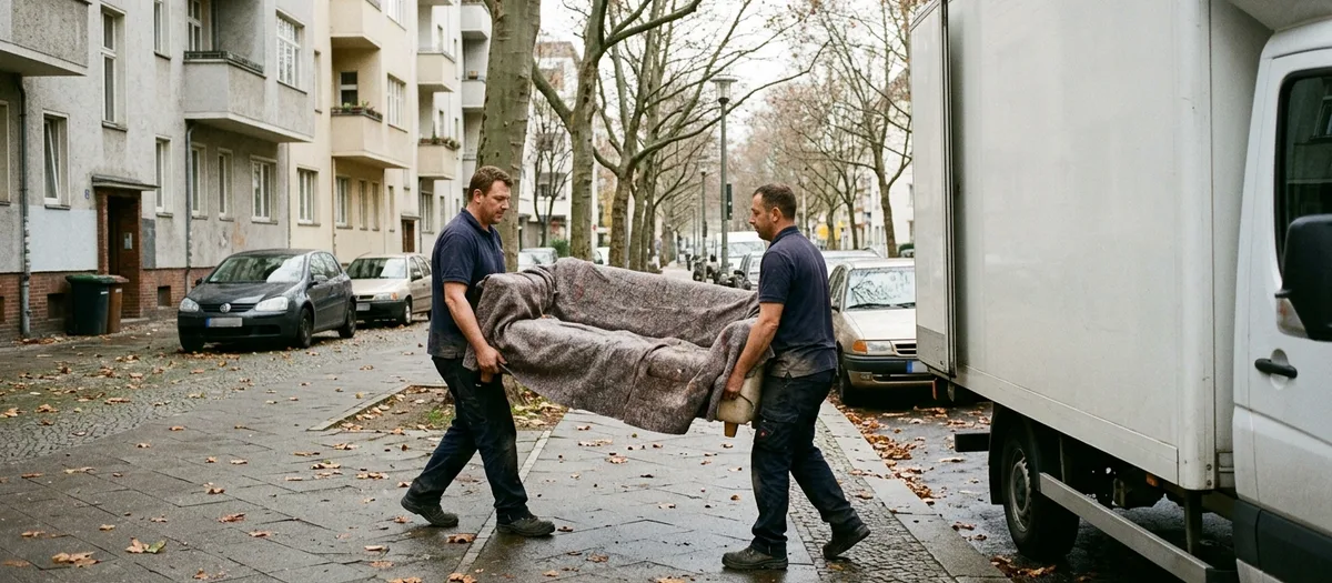 Zwei Träger bringen ein in Decken gewickeltes Sofa über den Gehweg zu einem weißen Möbelkoffer